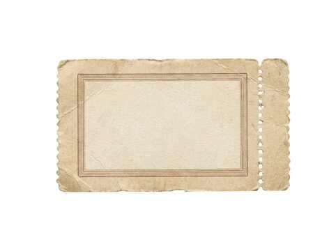 Vintage blank paper ticket with perforated edge isolated on transparent background