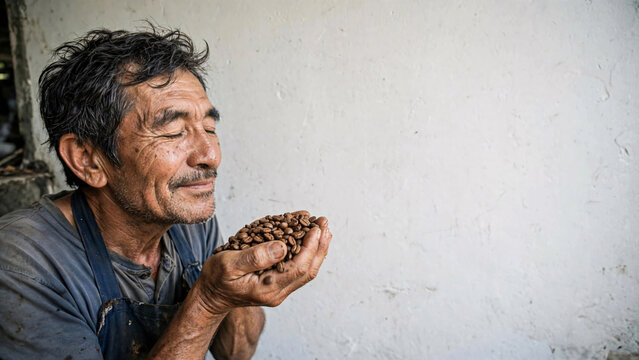 A weathered farmer delicately sniffs a handful of freshly roasted coffee beans, his eyes closed in deep appreciation of the rich aroma, a moment of quiet contemplation.