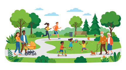 Fototapeta premium Diverse people enjoying outdoor activities in a sunny park, families, fitness, recreation
