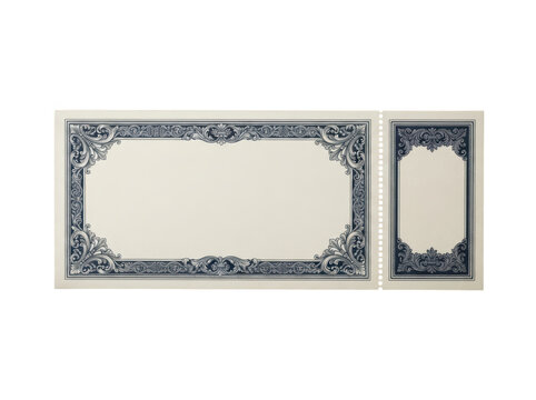 Blank vintage ticket template with ornate decorative border isolated on transparent background