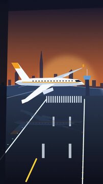 Jet aircraft landing at Dubai airport during sunset, city skyline and glass terminal, digital illustration footage