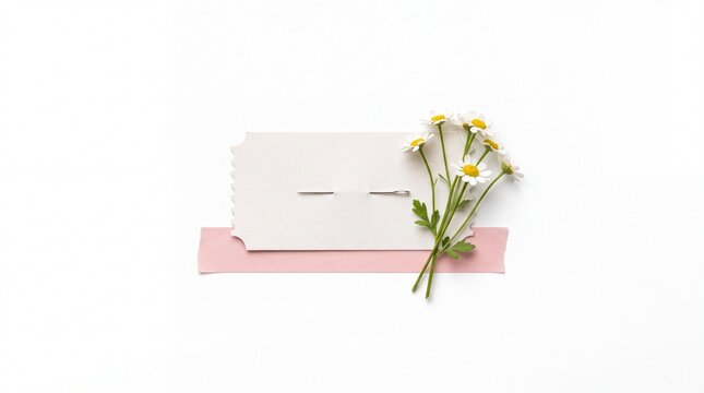 Small chamomile flowers on a blank paper tag with pink tape