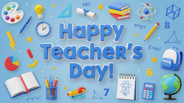 Happy Teacher's Day greeting card, 3D school supplies on blue background, educational icons and classroom stationery collection 4K