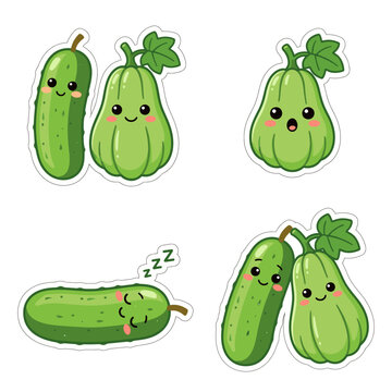Kawaii Cucumber and Chayote Vegetable Sticker Set, Cute Funny Vegetable Cartoon Illustration