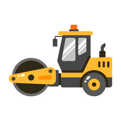 Naklejka premium A flat icon of a road roller, shown in orange, gray, black, and white with clean geometric forms, simplified details, and a plain white background.
