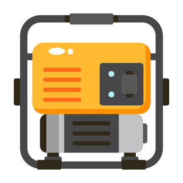 A flat icon of a generator, shown in orange, gray, black, and white with clean geometric forms, simplified details, and a plain white background.