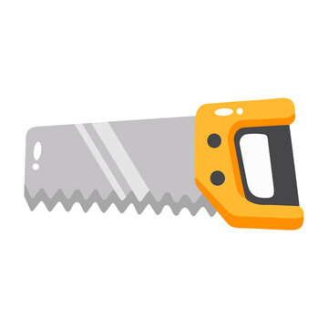 A flat icon of a hand saw, shown in orange, gray, black, and white with clean geometric forms, simplified details, and a plain white background.