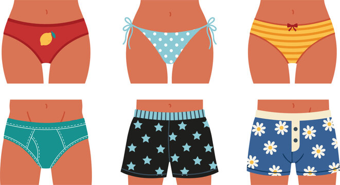 Set of men and women underwear underwear panties and boxers shorts collection isolated on white background flat vector illustration