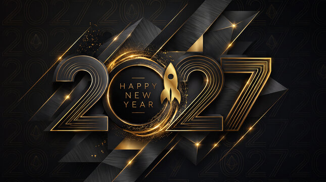 Luxury Happy New Year 2027 Black and Gold Greeting with Rocket Launch and Elegant Metallic Typography 