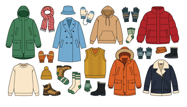 Winter clothes vector set with warm autumn outerwear coats jackets hoodies boots socks and gloves flat cartoon illustration