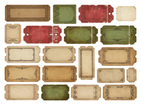 Collection of vintage blank tickets isolated on transparent background
