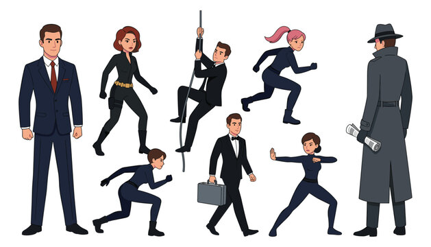 Secret agent and spy character vector set with male and female detectives assassin characters in suits climbing rope stealth actions and undercover operations