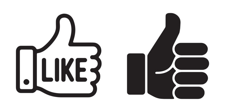 Black outline and solid like thumb up hand icons vector for social media approval.