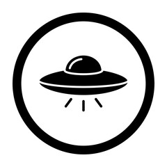Flying saucer icon symbol with ufo spaceship silhouette inside circle on white background © pr.vectorx