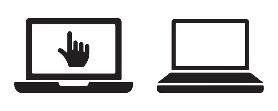 Black outline laptop with hand cursor pointing at screen vector illustration for interactive use.