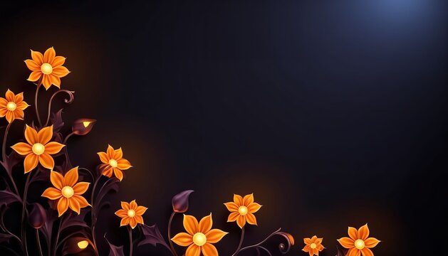 Orange flowers arranged along lower edge of dark background