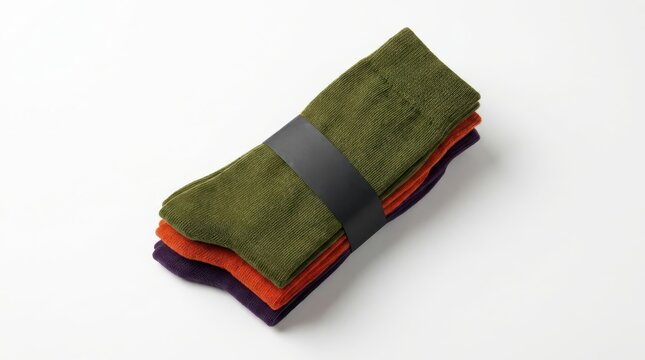A stack of three folded socks in olive green, orange, and purple, held together by a black paper band, isolated on white background