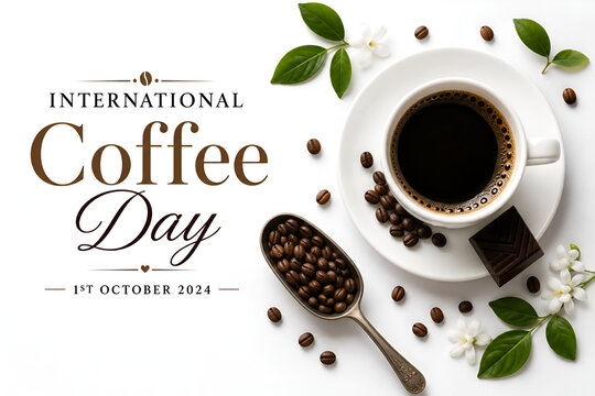 International Coffee Day greeting card with top view of black coffee cup and beans scoop