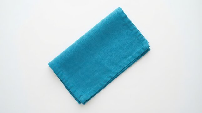 Single folded bright blue linen napkin isolated on white background