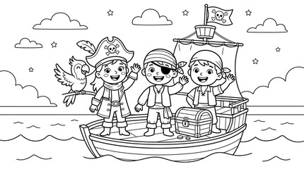Naklejka premium Black and white coloring page featuring three cute cartoon pirates standing on a small boat with a parrot