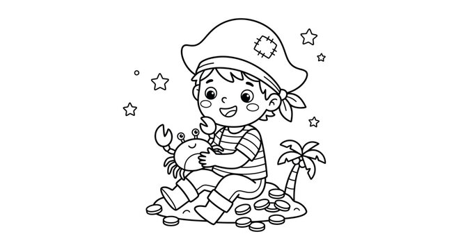 Cute little pirate boy sitting on a tropical island playing with a friendly crab for children coloring book page
