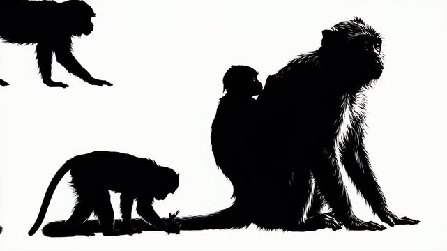 Several black monkey silhouettes moving across a white background, mother carrying baby monkey on back