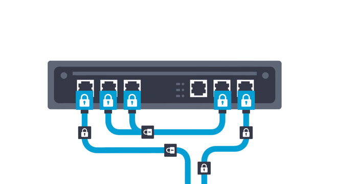 Network Security Concept Vector Illustration of a Secure Router with Locked Ethernet Cables and Padlocks for Data Protection and Cyber Defense