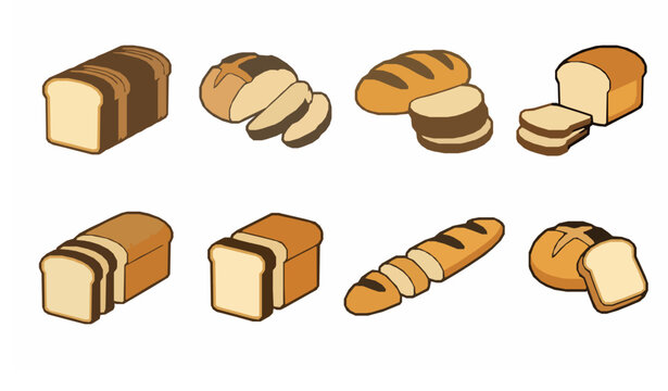 Colorful Hand Drawn Bread Collection with Sliced Loaves and Bakery Products for Food Packaging Menu and Culinary Illustration