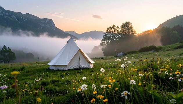 Glamping bell tent in a blooming wildflower meadow with misty mountain sunrise