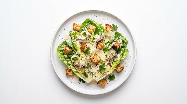 Fresh caesar salad with crunchy croutons on a round plate