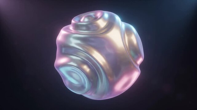 abstract iridescent metallic sphere morphing with liquid surface ripples on dark background