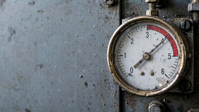 A close-up shot of an industrial pressure gauge, with its needle pointing to a red zone on the dial, mounted on a weathered metal surface, evoking a sense of raw utility and mechanical function.