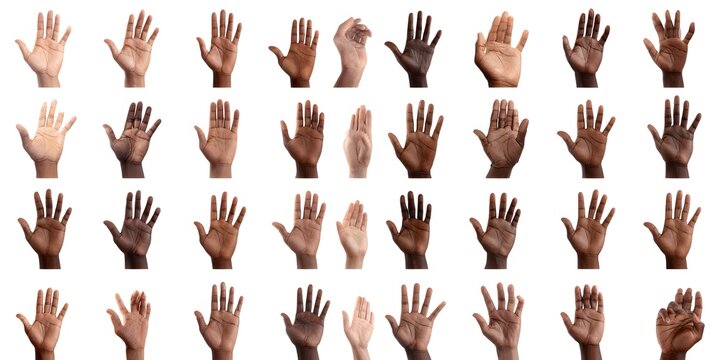 Collection of diverse human hands with palms facing forward showing different skin tones