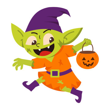A green goblin in an orange outfit runs while carrying a pumpkin bucket, showing pointed ears, purple hat, and a cheerful Halloween expression.