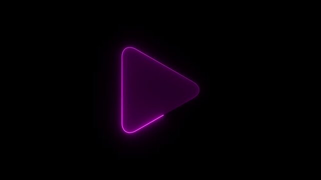 Neon purple glowing play button icon flickering against dark background captured in minimal digital motion graphic footage.