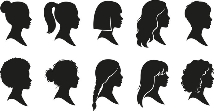 Diverse collection of black silhouettes showing various female hairstyles and haircuts in profile view isolated on white background