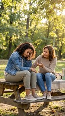 Fototapeta premium Caring mature woman comforting her sad younger friend sitting at a wooden picnic table in a sunny park