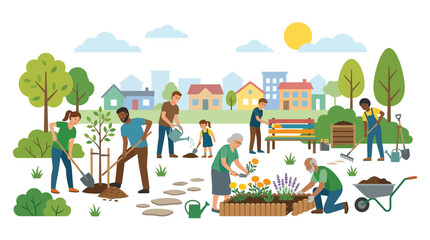 Fototapeta premium Community Garden Activity: Diverse People Planting, Watering, and Gardening Together in a Town
