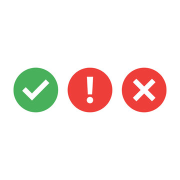 Set of three modern UI icons including green check mark, red warning alert, and cross isolated on white background