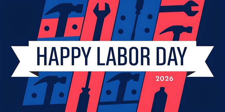 Happy labor day 2026 vertical stripes banner with construction tools