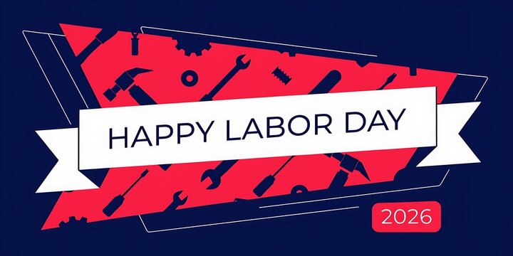 Happy labor day 2026 banner with tools pattern on red pennant shape