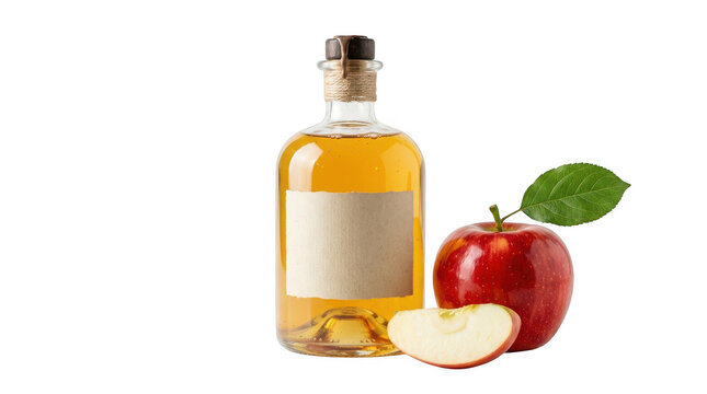 Glass bottle of apple cider vinegar or juice with a blank label next to a fresh red apple and a slice isolated on transparent background