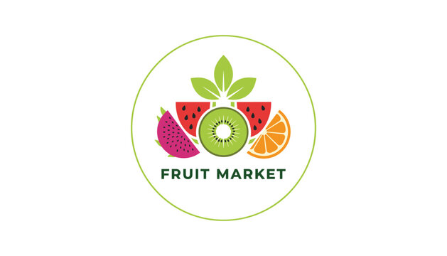 Circular fruit market logo depicting stylized slices of kiwi, orange, dragon fruit, and watermelon with green leaves.