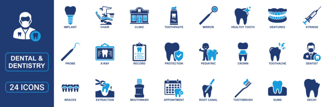 Dental and Dentistry Solid Icon Set Featuring Tooth Implant, Braces, Root Canal, Dental Clinic, X-Ray, Toothache, Crown, Extraction, Pediatric Care and Oral Health Symbols for Healthcare Projects