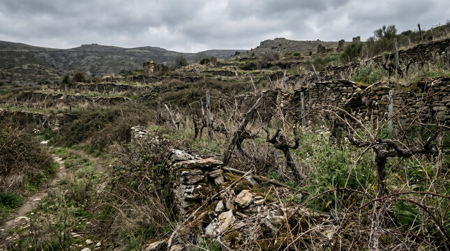 A visual from Proverbs, The sluggard's ruined, overgrown vineyard. Stone walls broken down, entirely covered in thick thorns and weeds