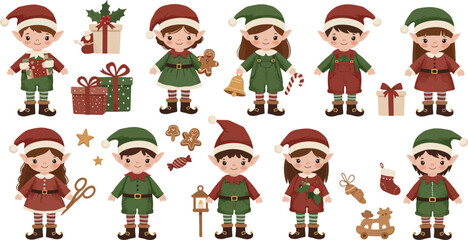 Fototapeta premium Set of cute christmas elves characters with gifts and holiday decorations isolated on a white background for festive design projects