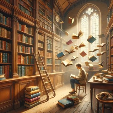 A library where books fly like birds from open shelves, Ai generated image
