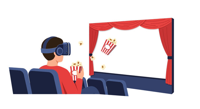 Man Wearing VR Headset Watching Movie in Virtual Cinema Theater with Popcorn, Immersive Digital Entertainment and Technology Concept Flat Vector Illustration
