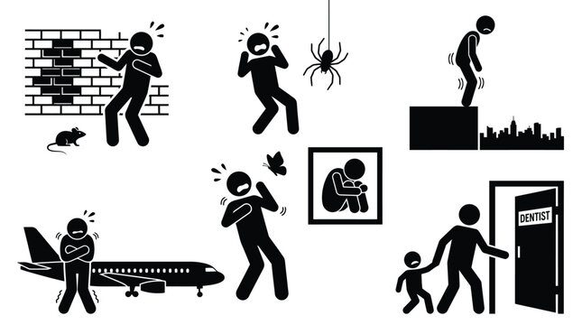 Stick figure icons depicting various human phobias and irrational fears in a clean vector graphic style