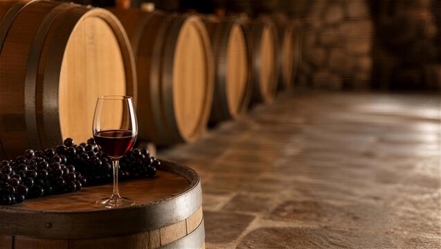 ワインセラーに並ぶ木樽と一杯の新酒